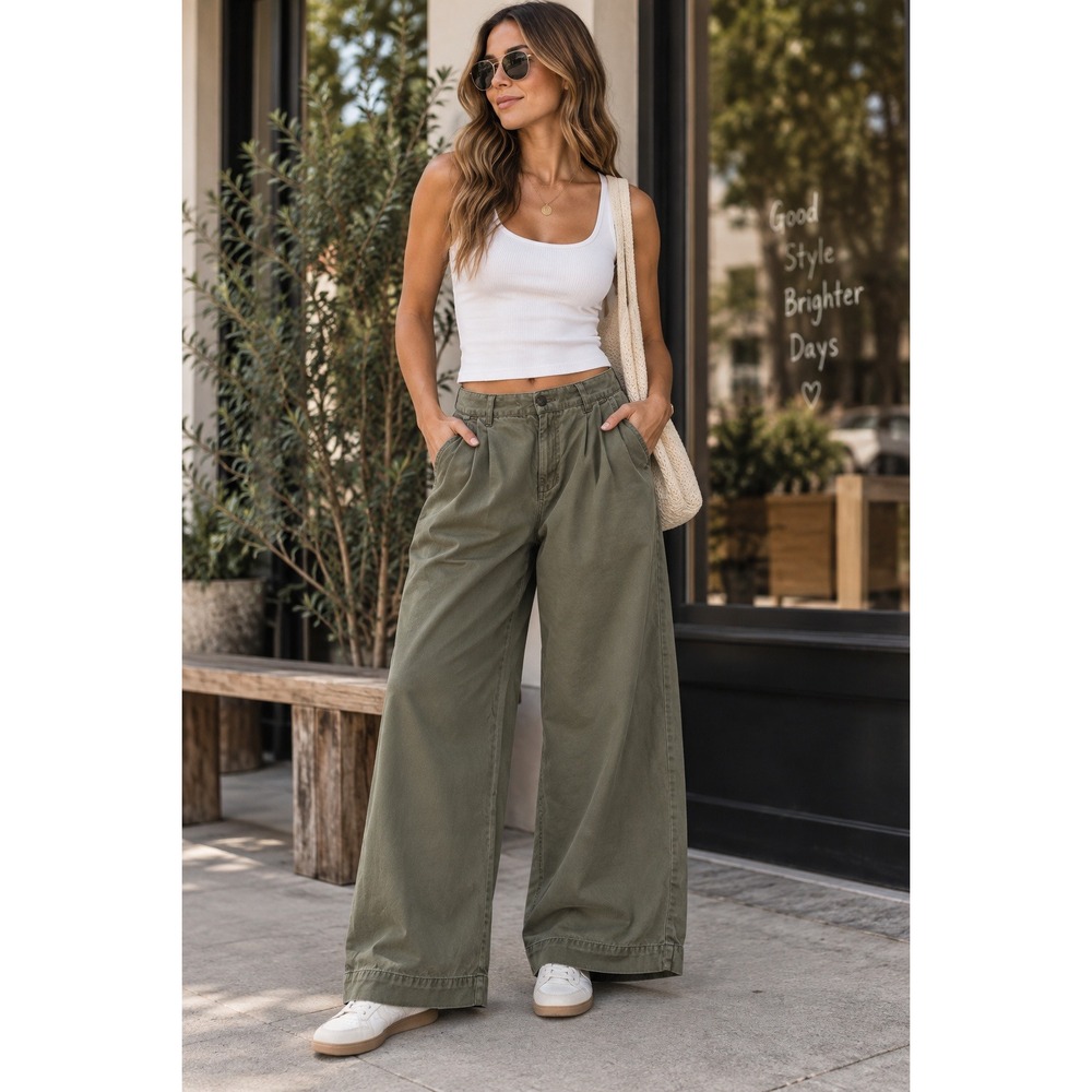Everlane Pants Womens 8 Olive Green Chino Minimalist Utility Pleated Wide Leg